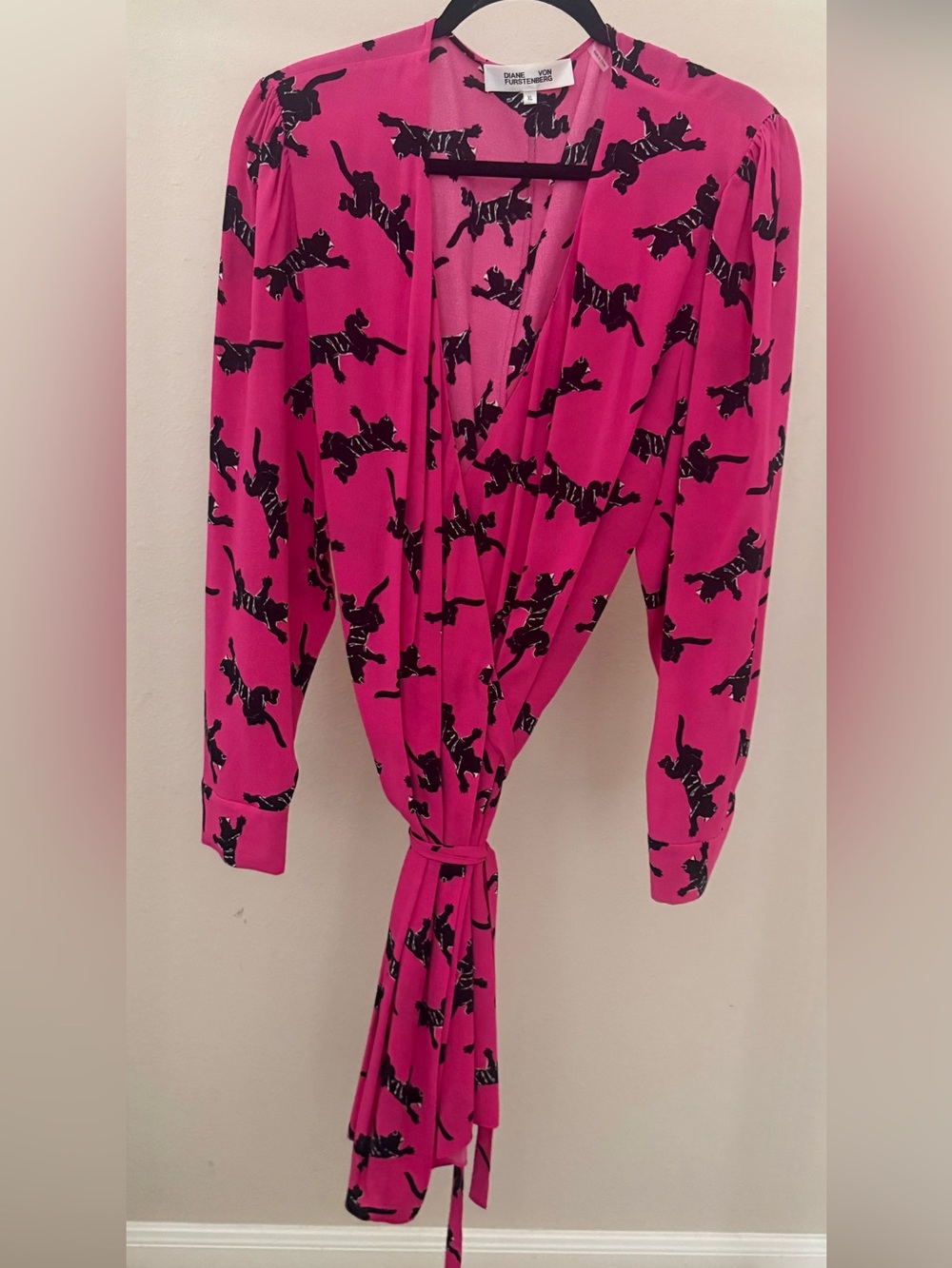 Diane Von Furstenberg Hot Pink Wrap Dress with Black Print